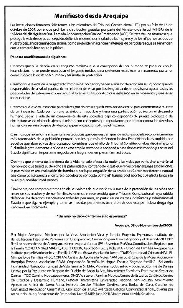 Manifiesto desde Arequipa LA REPUBLICA 091115 Pag5d Nuevo pronunciamiento por la vida desde Arequipa
