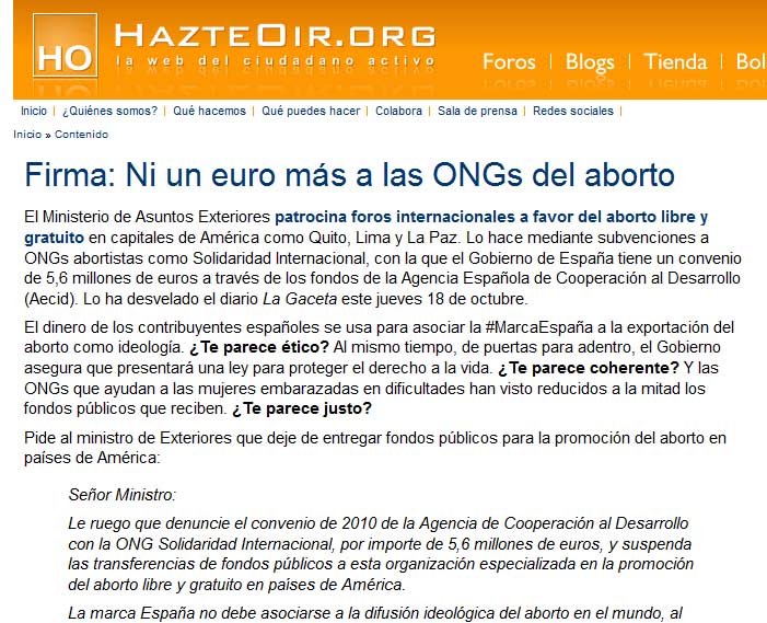 HAZTEOIR Únete a la campaña para impedir que el Gobierno español financie el aborto en el Perú