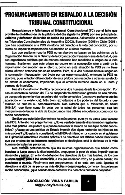 Pronunciamiento Asoc VidayFam Correo 091028 pag15 Pronunciamiento a favor de la sentencia del TC